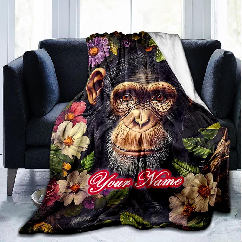 1PC Custom Name Chimpanzee Floral Frame outdooor Flannel blankets Patterns Throw Blanket All-Season Soft Gift for Couch, Bed, Camping gifts