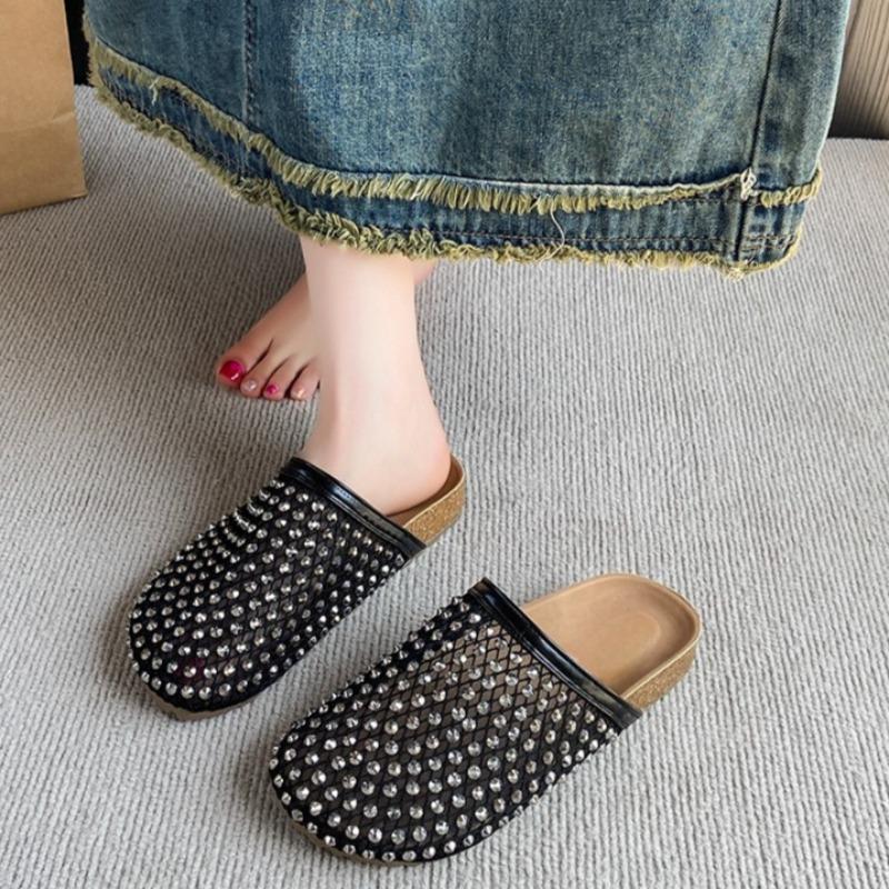 Fashion Platform Baotou Cool Slippers for Women in Summer Wear New Round-toe Feng Rhinestone Mesh Slip-on Non-slip Flat Shoes