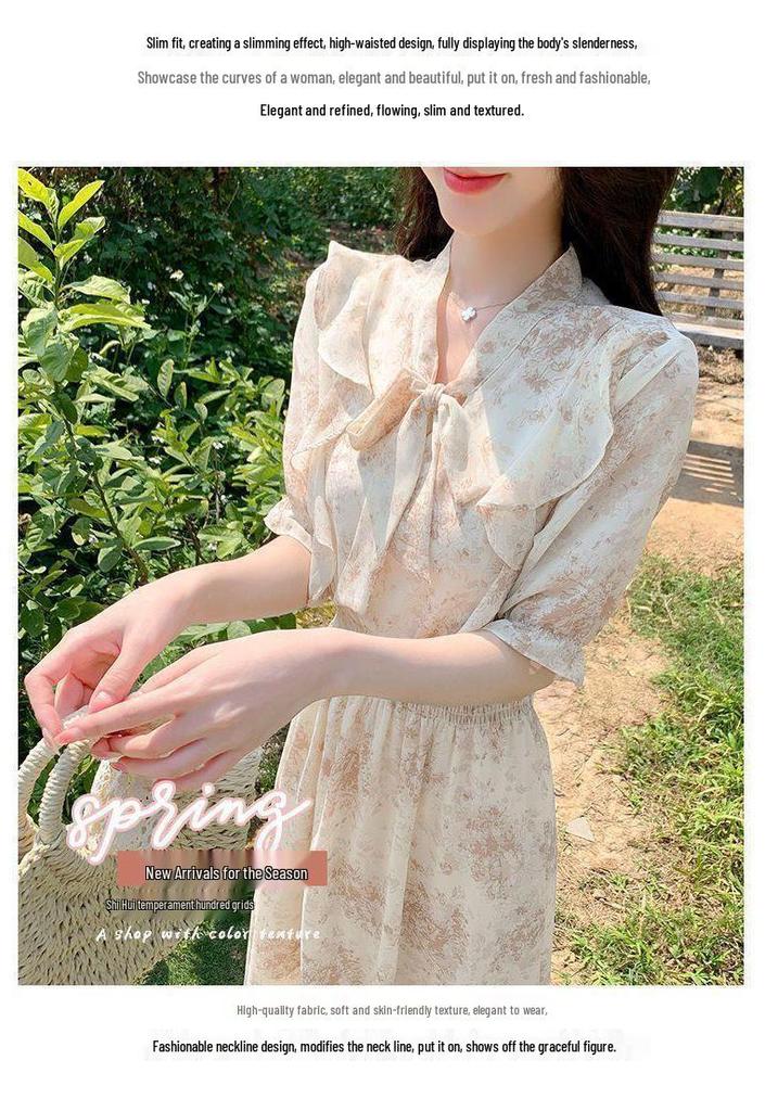 Summer French Style Floral Midi Dress - Waist-Cinched, Slimming, Elegant Temperament