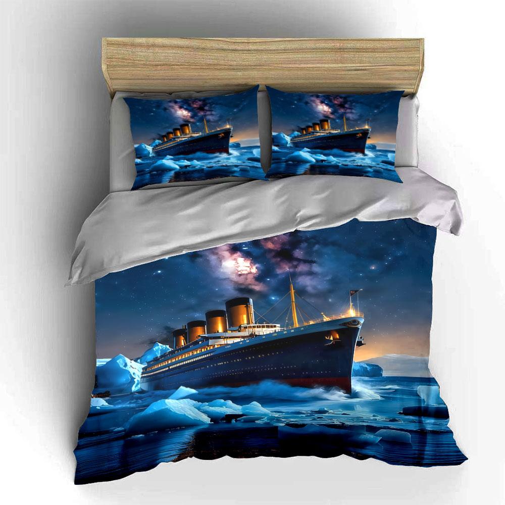 Stampa di un Enorme Vascello a Vapore in Mare Ghiacciato Morbido Confortevole Copripiumino Set Biancheria da Letto Incluso 1*Copripiumino  2*Federe Regalo di Lusso