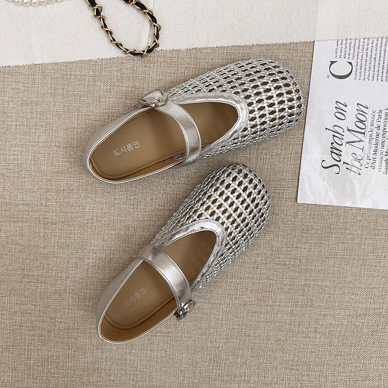 Mary Jane single shoes women's 2025 summer new French hollow fishing net crocheted silver light mouth Roman bean shoes women's shoes