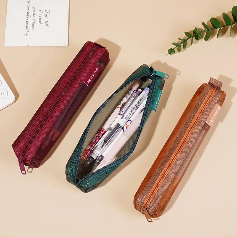 Makeup Case Mesh Transparent Cosmetic Brush Bags Students Solid Color Zipper Nylon School Pencil Case