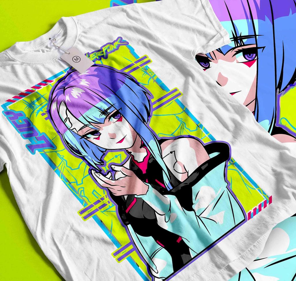 T-Shirt Cyberpunk Edgerunners David Lucy Rebecca, Maglietta Streetwear Anime Neon