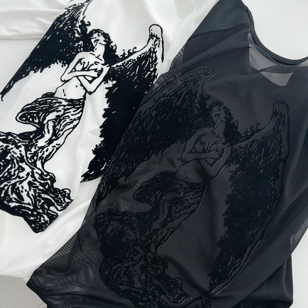 Gothic Y2k Vintage O-Neck Slim T-Shirts Women Chic Mesh Cyber See Through Crop Tops Female Korean Fashion Casual Clothing New