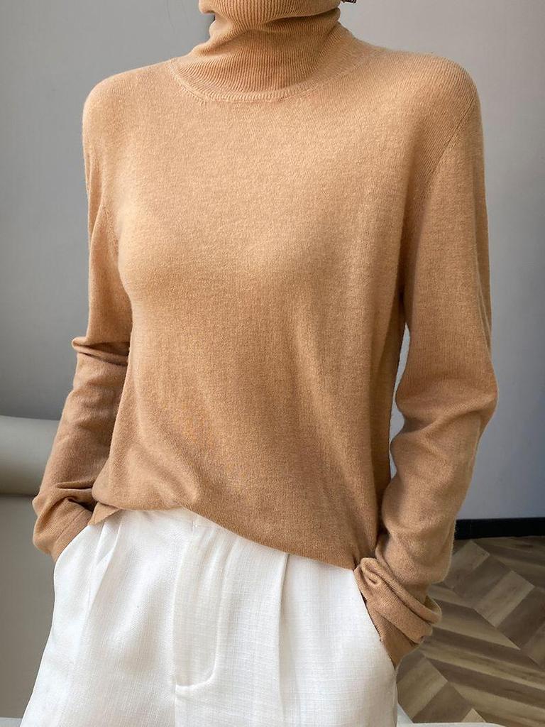 Versatile Pure Wool High Neck Solid Color Women's Slim Top for Spring & Autumn 2023