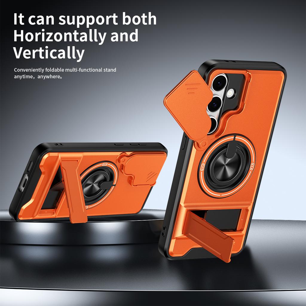 For Samsung Galaxy S24 FE Magnetic Case Ring Holder Foldable Kickstand TPU PC Phone Cover with Camera Lens Slider