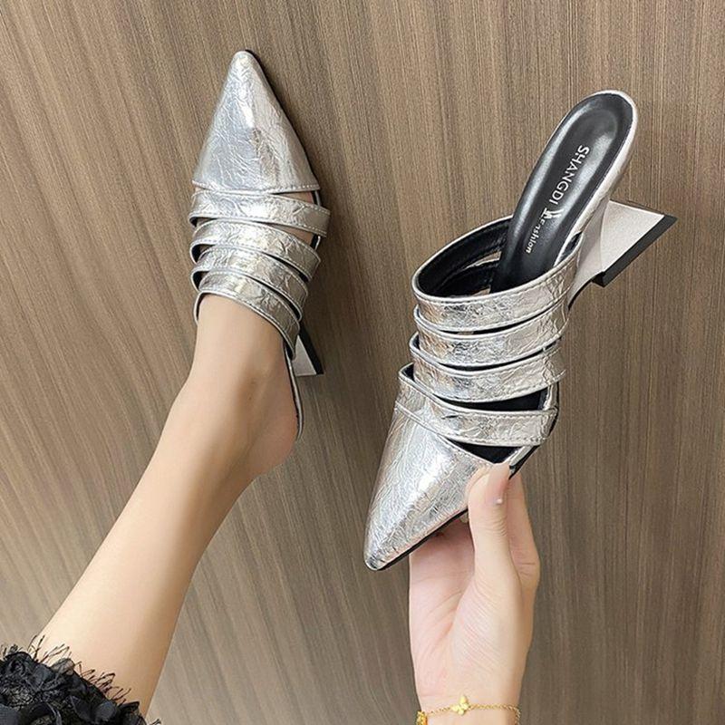 Fashion retro versatile thick middle heel fashion bag head half slippers women's autumn wear pointed soft bottom one pedal sandals
