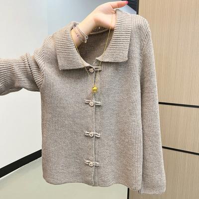 Herbst- und Winter-Knopfleiste Langarm-Strickpullover literarischer und dünner Pullover