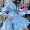 Woman Elegant Print Lace Up Dress Puff Sleeve High Waist Stand Collar Buttons Retro Dresses Autumn Fashion Party Mini Robe