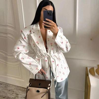 Oversize Flowers Printed Lapel Suit Jacket Women's Long Sleeved Lace Up Thin Jacket Office Lady Blazer 2025 Autumn