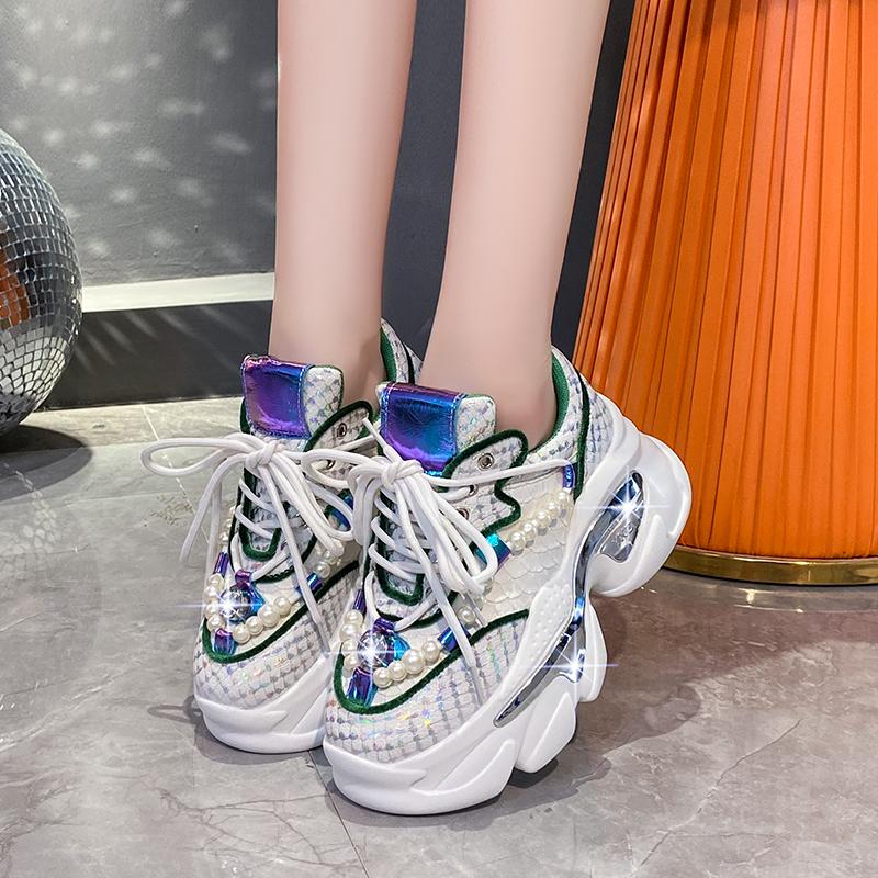 Fashion 8CM Snake Print Chunky Sneakers Women 2024 Thick Bottom Platform Ladies Sports Shoes New Autumn Pearl Rhinestone Dad Shoes Woman