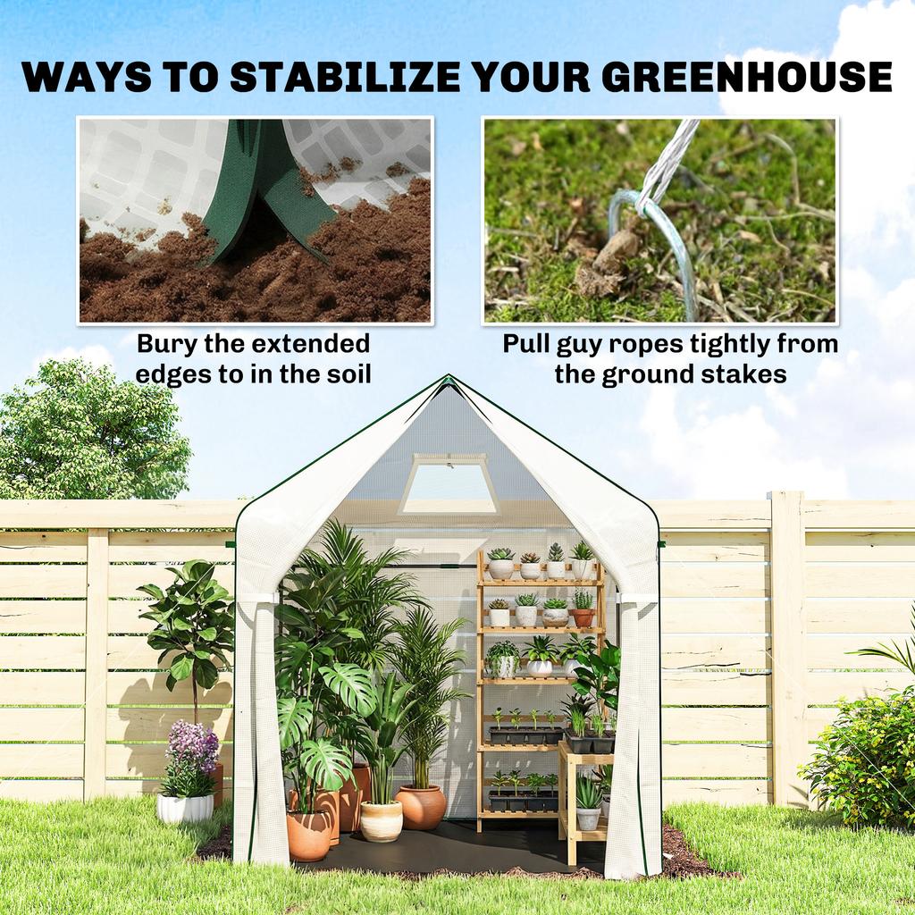 Walk-in Greenhouse for Outdoors with Steel Frame, Large Plant House with Roll-up Door and PE Ground Cover, White