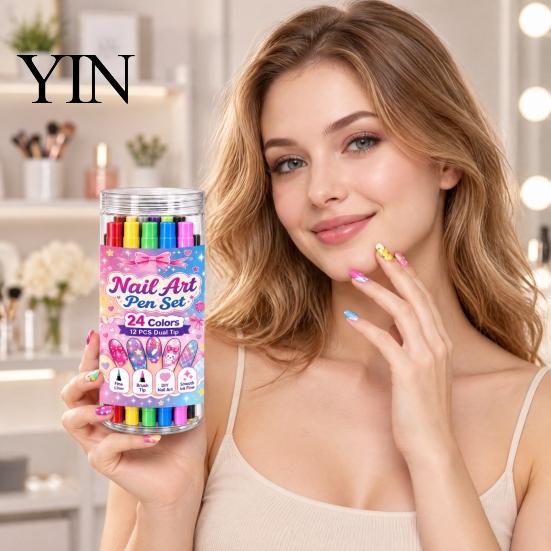 Creative Nail Art Accessories 12Pcs Dual Ended Pens Set, 24 Colors Markers with Double Brush Tips, Acrylic Quick Dry Water-Based Drawing Pen