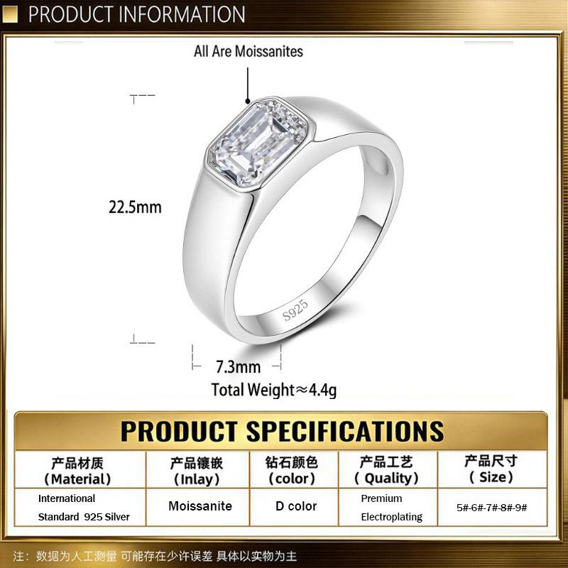 Men's Wedding Ring Emerald Cut D Color VVS Moissanite Platinum Plated Solid 925 Silver Bezel Setting Luxury GRA Certified