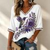 Women's 3D Print V-Neck Loose Fit Three-Quarter Sleeve T-Shirt Casual Top