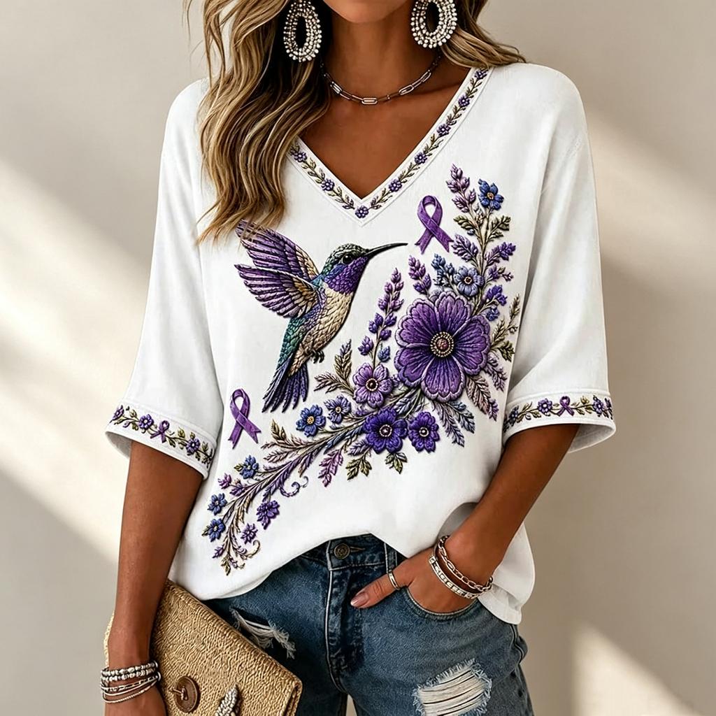 Women's 3D Print V-Neck Loose Fit Three-Quarter Sleeve T-Shirt Casual Top