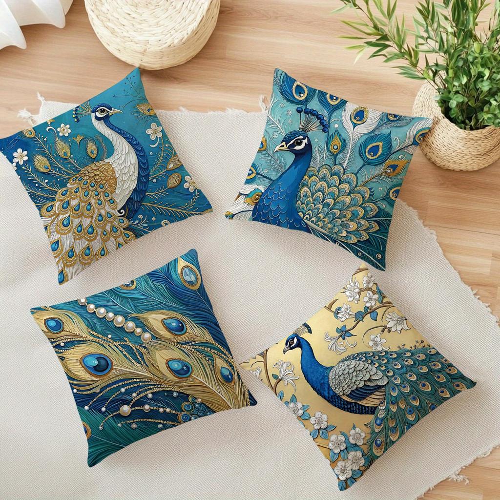 1/4pcs Bohemian Peacock Throw Pillow Covers Vintage Blue Gold Decorative Cushion Cases for Home Living Room Bedroom Sofa