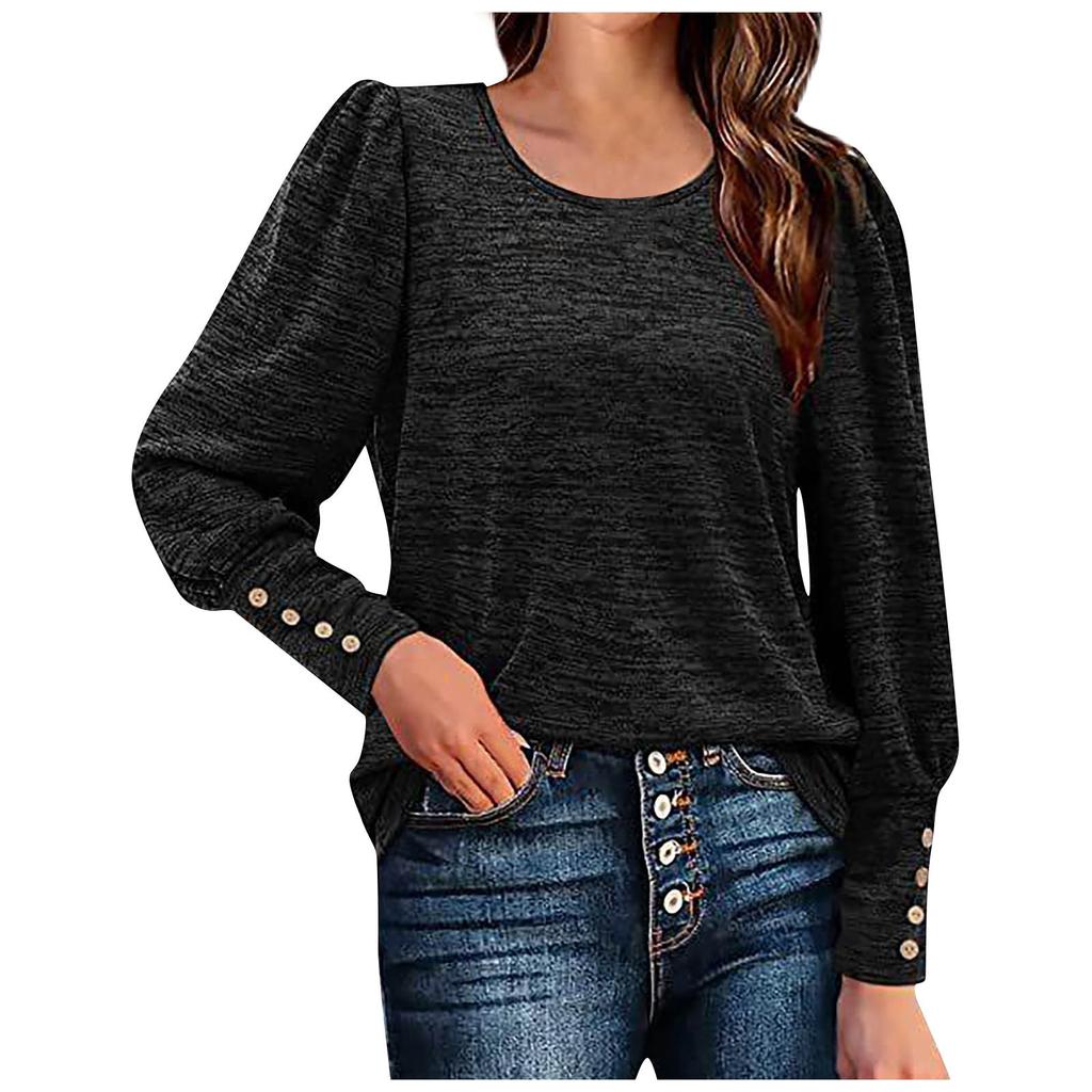 Women's Fashion Color Loose Casual Puffed Sleeves Round Neck Long Sleeve Tee Shirt Top