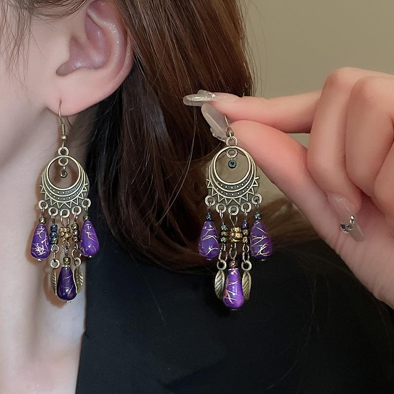New Chinese antique super fairy bamboo flower pearl fringed stud earrings ear hook explosion Chinese style versatile earrings earrings