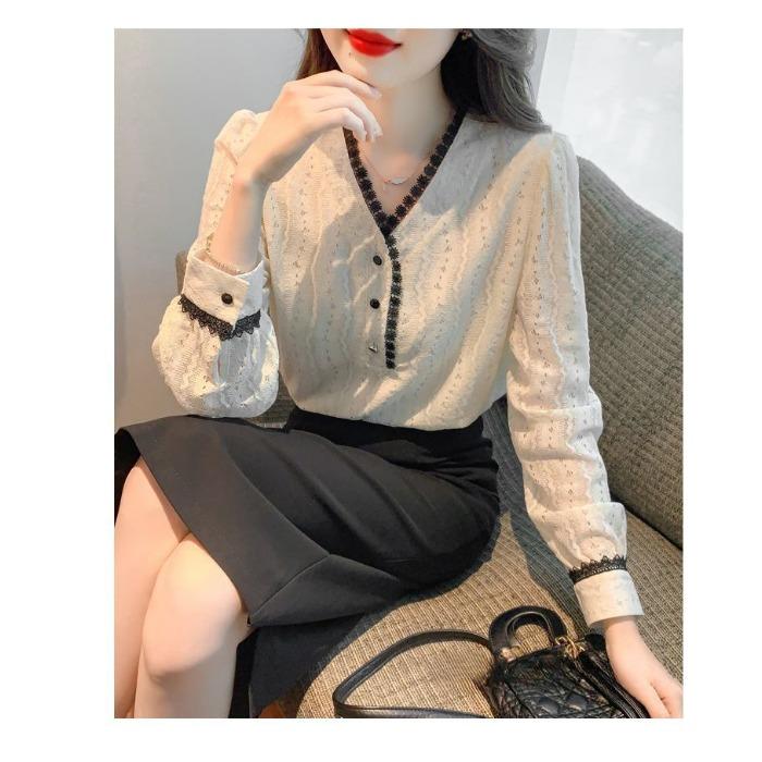 Chic French Style Lace Shirt for Women, V-Neck and Trendy Design, Ideal for Autumn Season, Unique and Beautiful
