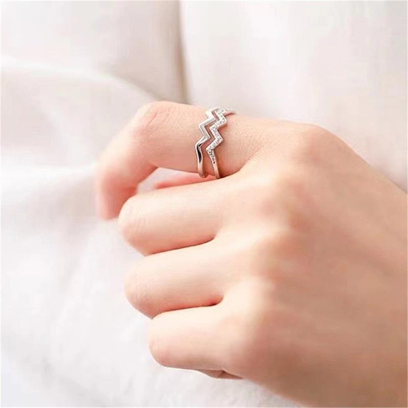 Double-layer diamond-set heart wave line ring female, simple and versatile hipster cold wind open index finger ring