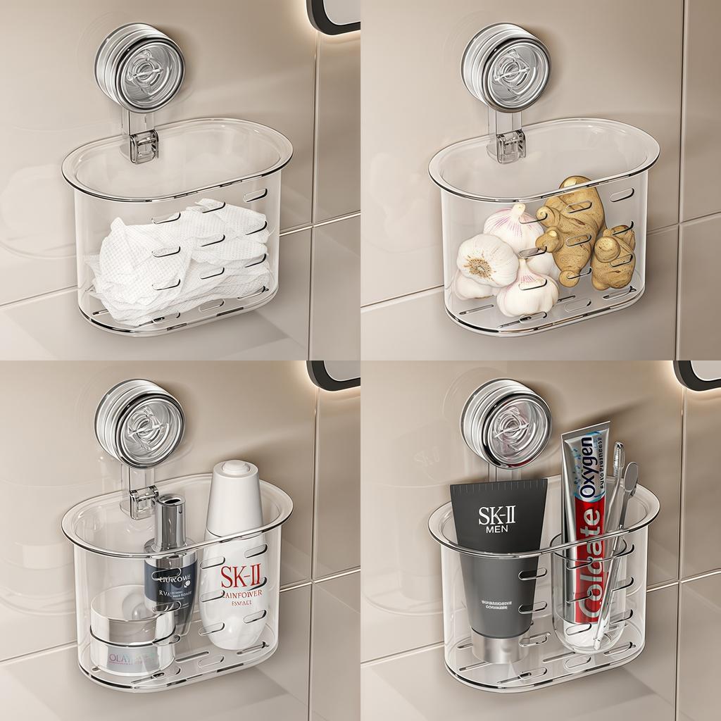 Wall Mount Suction Cup Wall Mount Corner Storage Shelves Shampoo Holder Cosmetic Rack Shower Drain Basket Bathroom Organizer