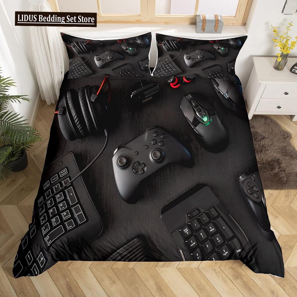 Gamer Duvet Cover Set Rotating Music Comforter Cover Gamepad Gaming Bedding Set For Boys Headphone Bedspreads Cover Queen Size