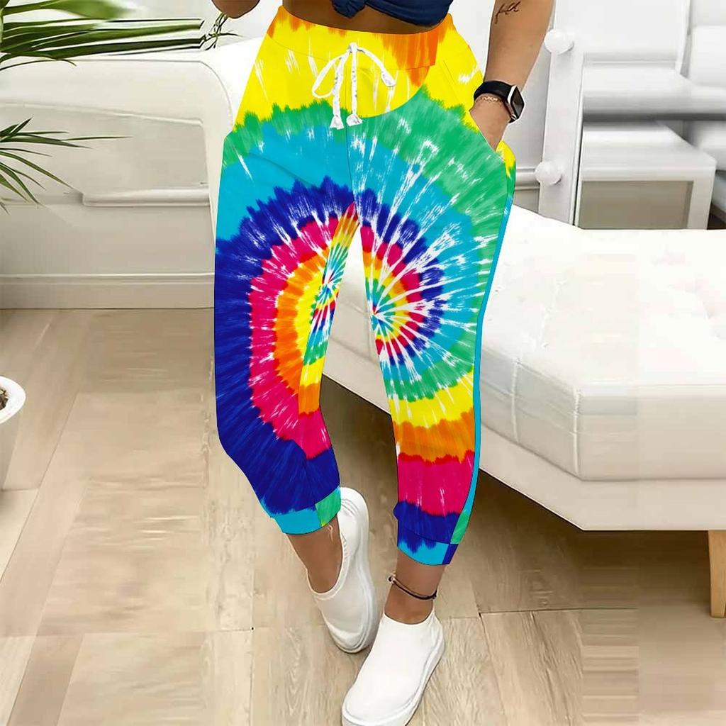 Summer Ladies Spiral Tie Dye Printed Sweatpants Loose Fit Drawstring Joggers Elastic Cuff Daily Casual Pants