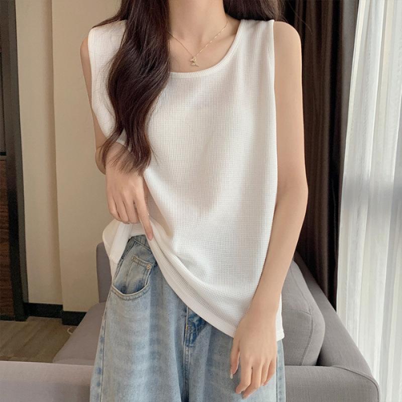 VEZFAA Women's Fashion Casual Summer Spring Solid Color Print Sleeveless U-Neck Blouses & Shirts