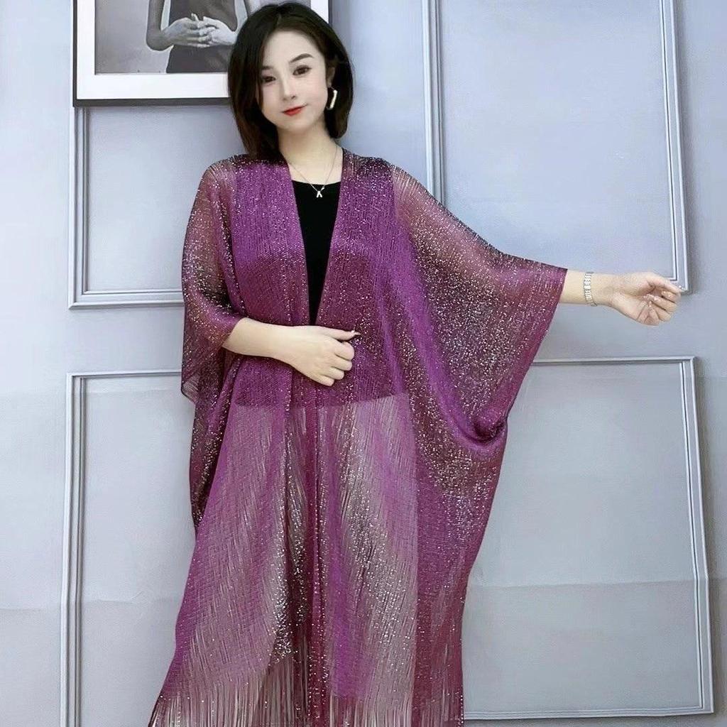European-Style Women's Gold Thread Shawl: Thin, Evening Wear, Decorative Tassels, Hollow-Out Design, Silk Sun Protection Scarf