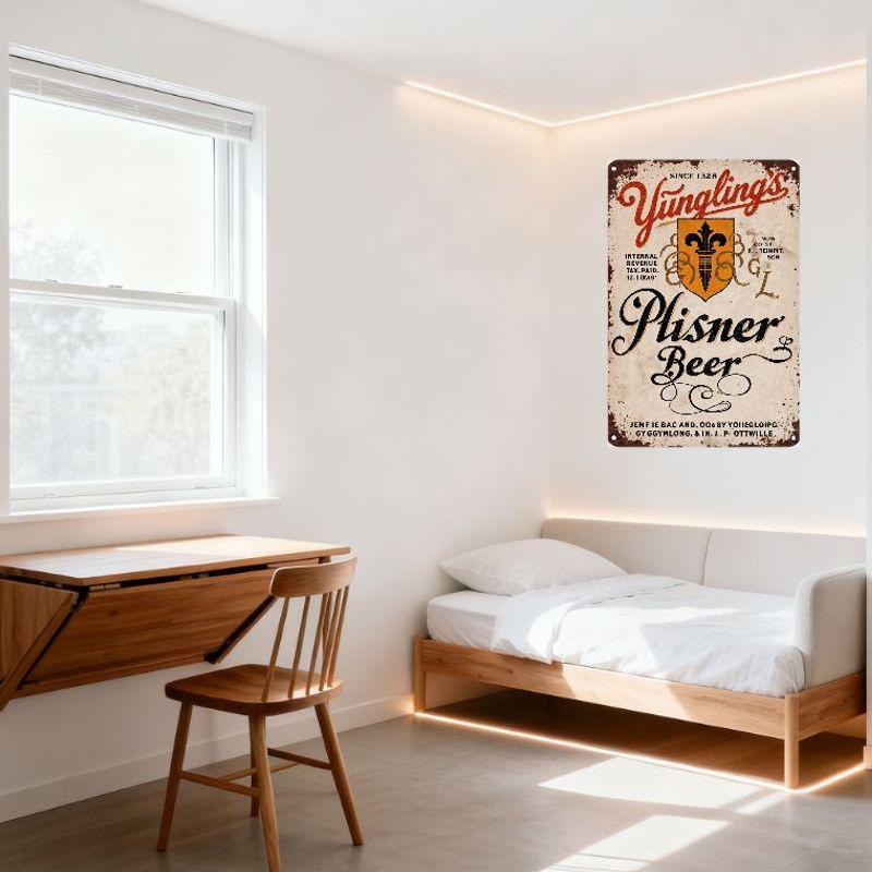 Vintage Yungling’s Plisner Beer Metal Tin Sign, Aged White Background with Rust Texture, Red Cursive & Black Script Design for B