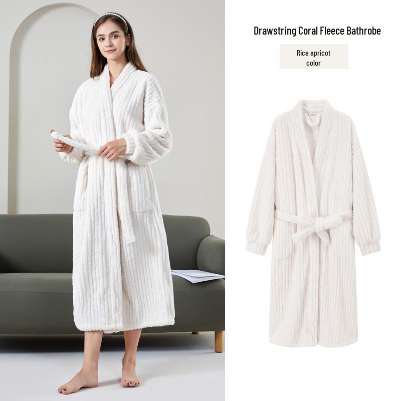 Women's Coral Fleece Thick Velvet Lined Bathrobe - Cozy Autumn/Winter Long Robe Pajamas