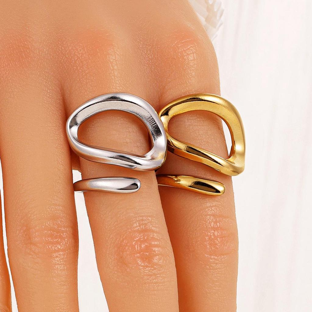 Stainless Steel Hollow Geometric Open Ring for Women with Irregular Thick Lines