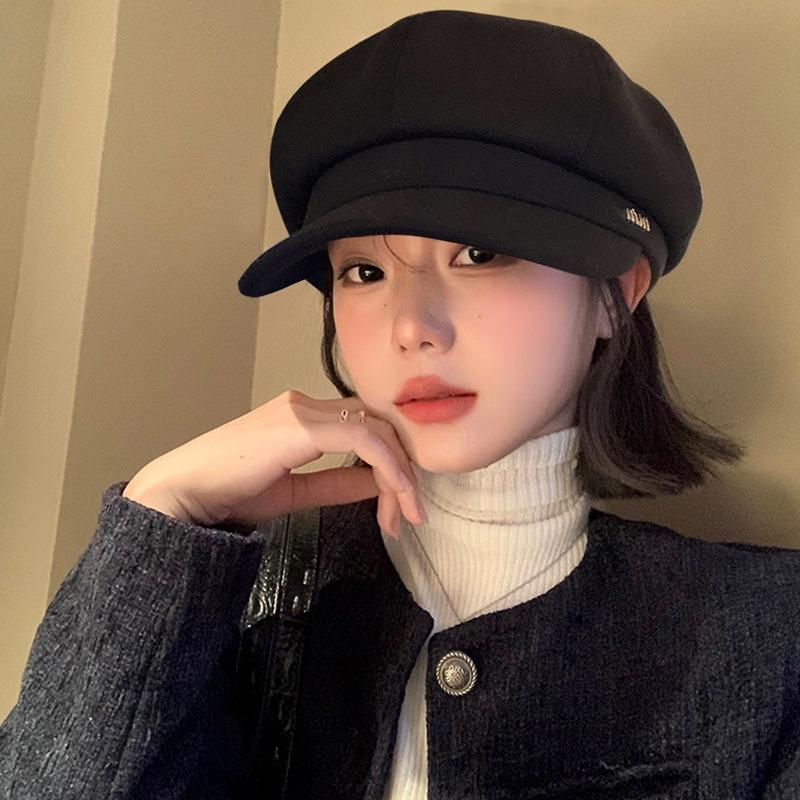 Hat women's autumn and winter new high-end cap octagonal beret showing face small painter hat
