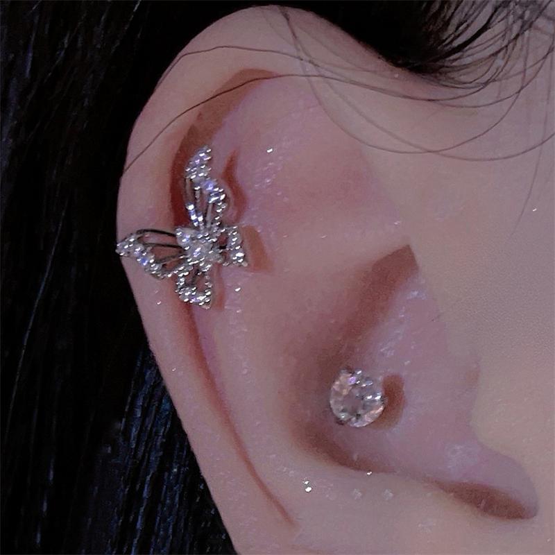 Shiny Silver Color Rhinestone Hollow Butterfly 316L Stainless Steel Ear Bone Nail Delicate Waterproof Small Earrings for Women