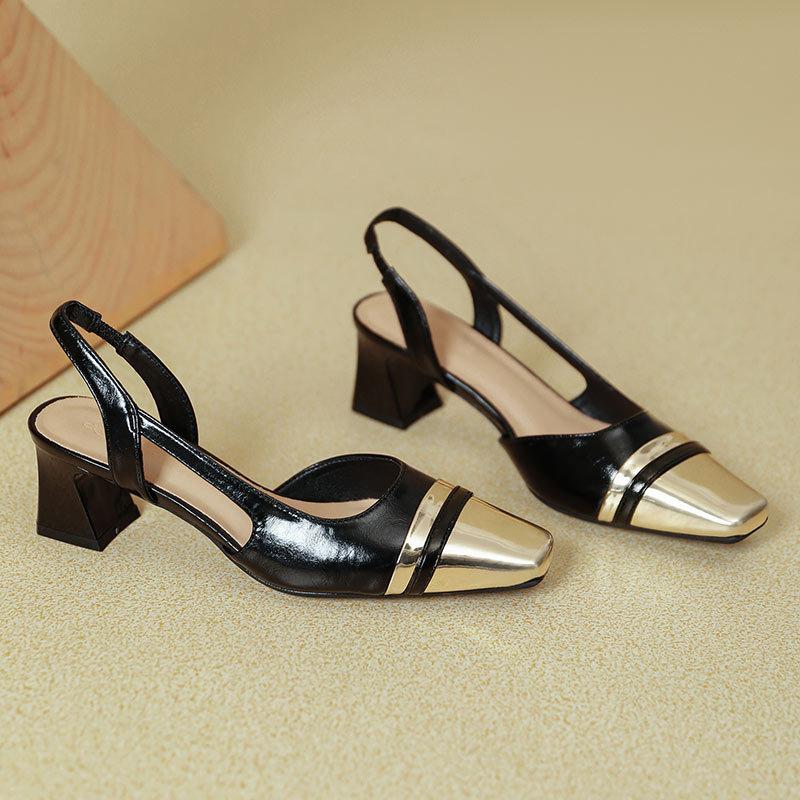 Summer high heels thick heel bag head sandals French retro splicing middle heel rear empty square head single shoes