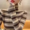 Women's Autumn/winter Turtleneck Sweater Sweater Top with Striped Pullover with Long Sleeves and Bottom
