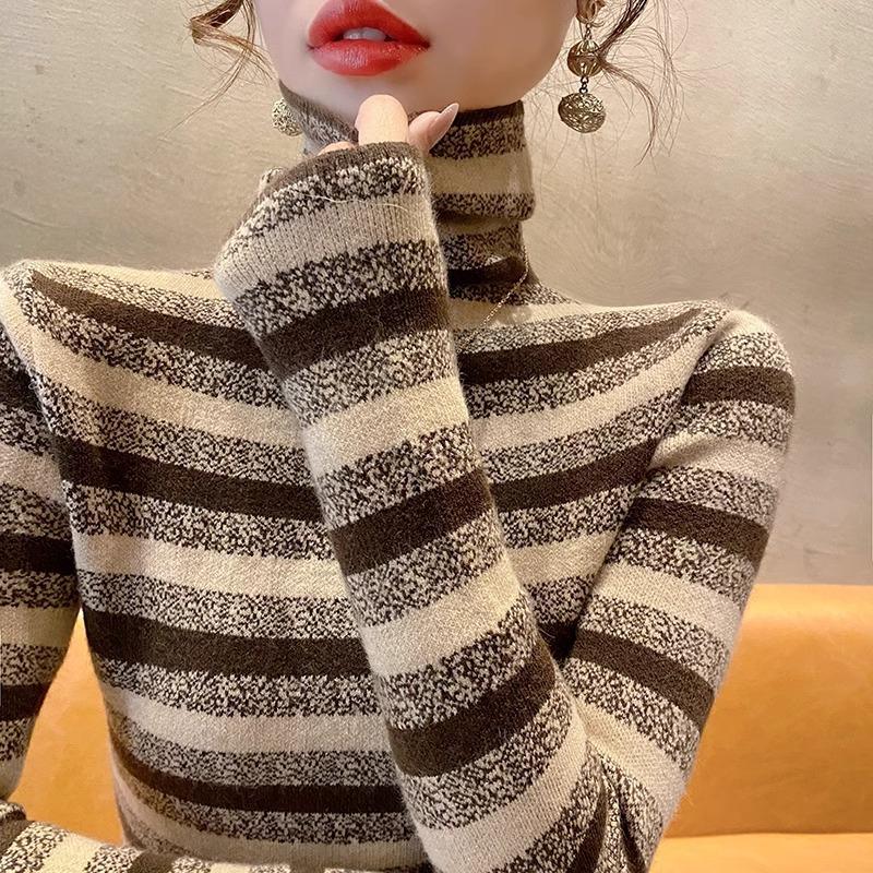Women's Autumn/winter Turtleneck Sweater Sweater Top with Striped Pullover with Long Sleeves and Bottom