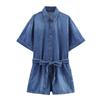 Women's Point Collar Short Sleeve Romper Loose Mid Rise Belted Denim Short Jumpsuit Summer