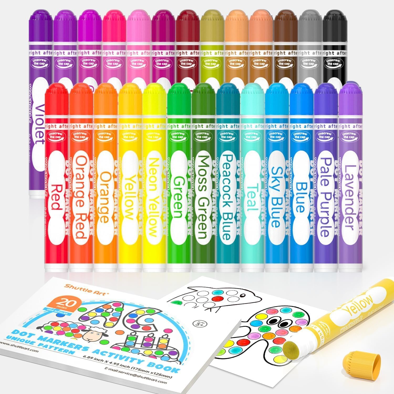 Shuttle Art Dot Marker Color Set with Coloring Dot for and Art Perfect for School Entrance Gifts Pens, 26-Color (12ml each), Pages, Kids  Markers,