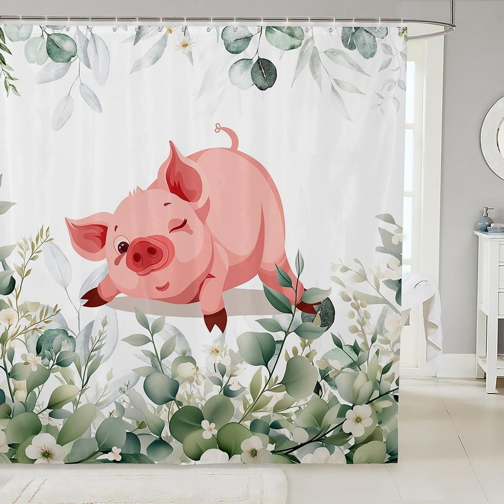 Erosebridal Cute Dachshund Waterproof Bathroom Curtain for Kids Child Green Eucalyptus Bath Curtain, Pet Animal Shower Curtain