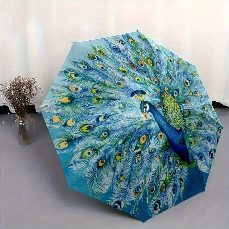 Peacock Umbrella with Turquoise Blue & Green Peacock Tail - Automatic-like Manual Open/Close, 8-Rib Sturdy Frame, & All-Weathe