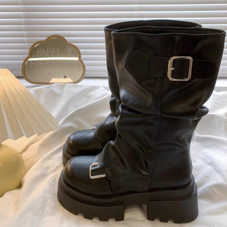 Korean thin and versatile thick-soled Martin boots women's 2025 new spring and autumn brown versatile belt buckle medium boots