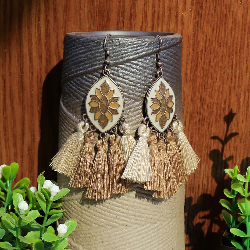 Ethnic Vintage Bohemian Drop Danlge Women's Earrings Bead Wooden Tassel Round Geometric Flower Leaf Long Boho Earrings Zircon