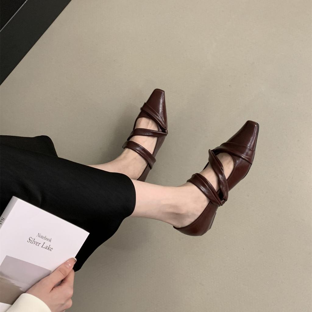 French Retro Ballet Shoes Single Shoes Women's Black Square Head Low Heel Loafers Soft Leather Soft Sole Mary Jane Shoes
