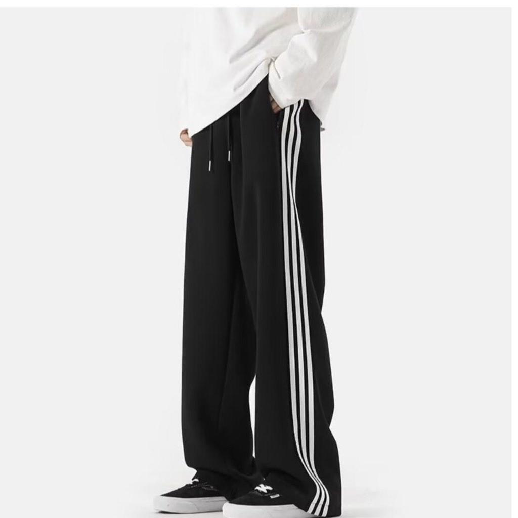 Men's High Waist Striped Sweatpants: Fashionable, Wide-Leg, Elastic, for Spring/Autumn, Perfect for Students.