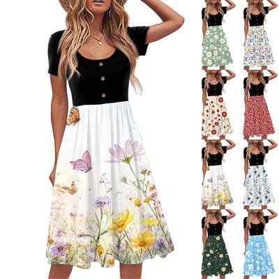 Mode Damen Sommer Vintage Blumenkleid Elegant Kurzarm Midi Kleid