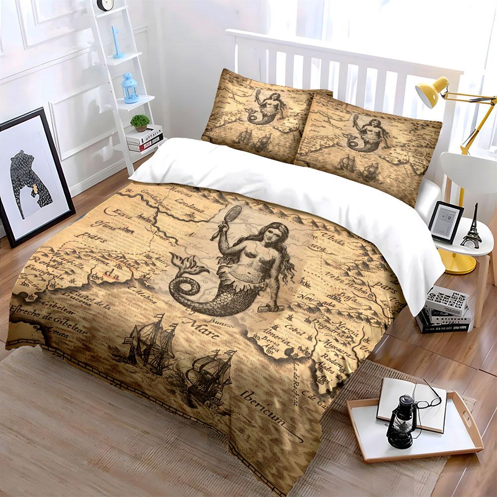 Vintage Mermaid Map Design Bedding Duvet Cover Set Duvet Cover Pillowcases (1*Duvet Cover 2*Pillowcases, Without Duvet Insert)