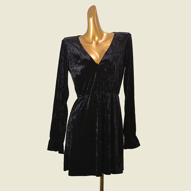 

Deep V-neck Long sleeve Velvet Short Dress Hepburn Style Waist Hugging Sexy Foreign Trade Original Order Short dress Black S