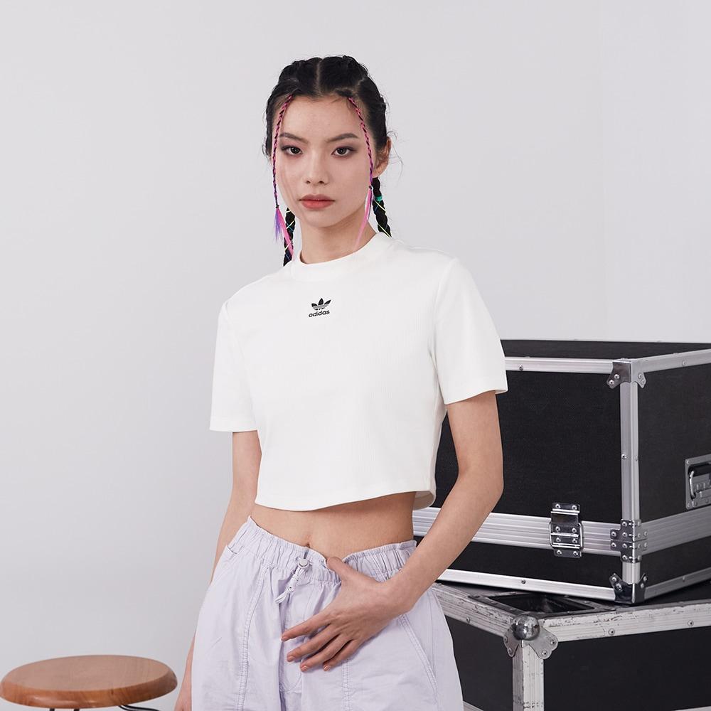 adidas Originals Adicolor Essentials Rib Solid Color Short Breathable Sports T-Shirt Women Tops White HF3394